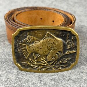 VTG BTS Belt Mens 34 Brown Trout Fish Solid Brass Buckle Leather Western 70s 80s